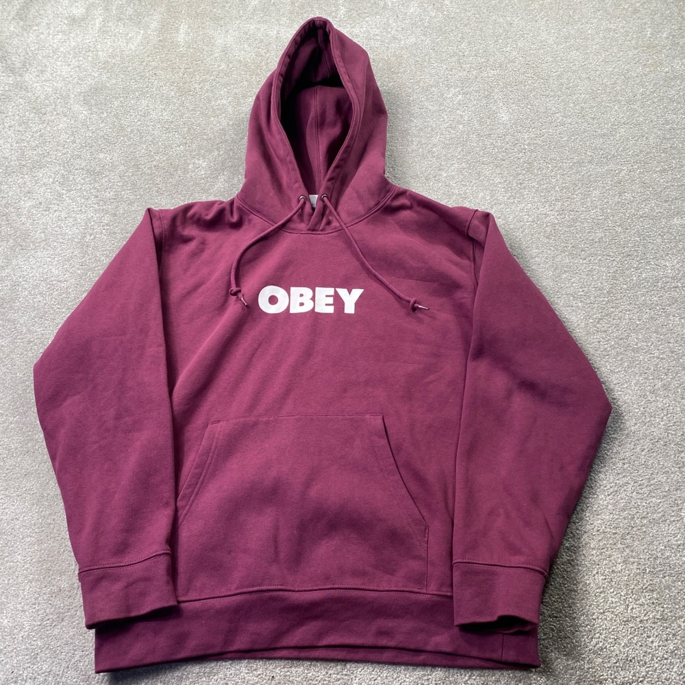 Obey Hoodie Mens Size Medium Burgundy Maroon White Logo Pullover Sweatshirt